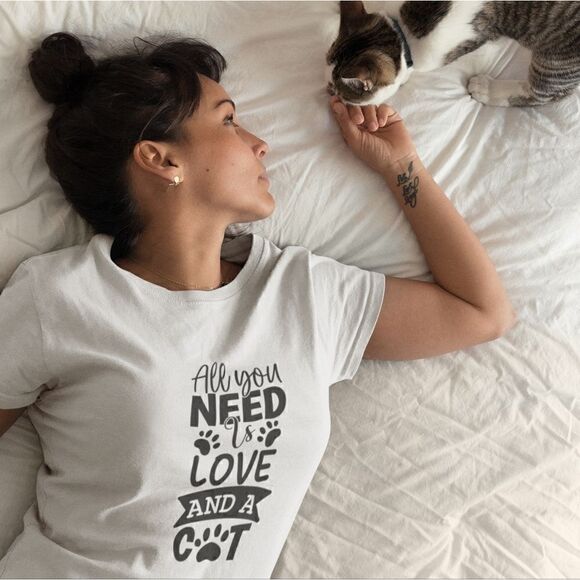 Graphic Print T-Shirt  All You Need is Love and a Cat for Cat Lovers Mom T-Shirt - Picture 9 of 10